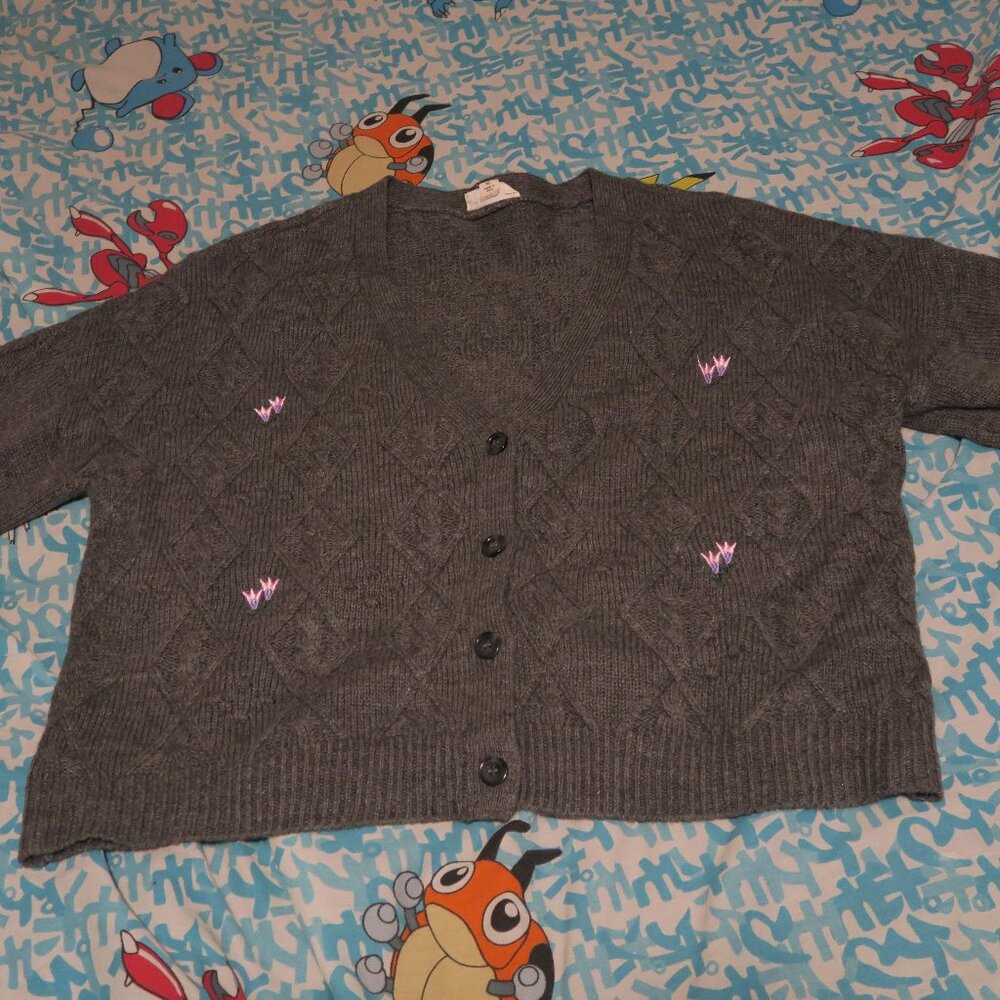 The General Good Mancora V Neck Cardigan Dark Grey Women's XL Floral Cable Knit